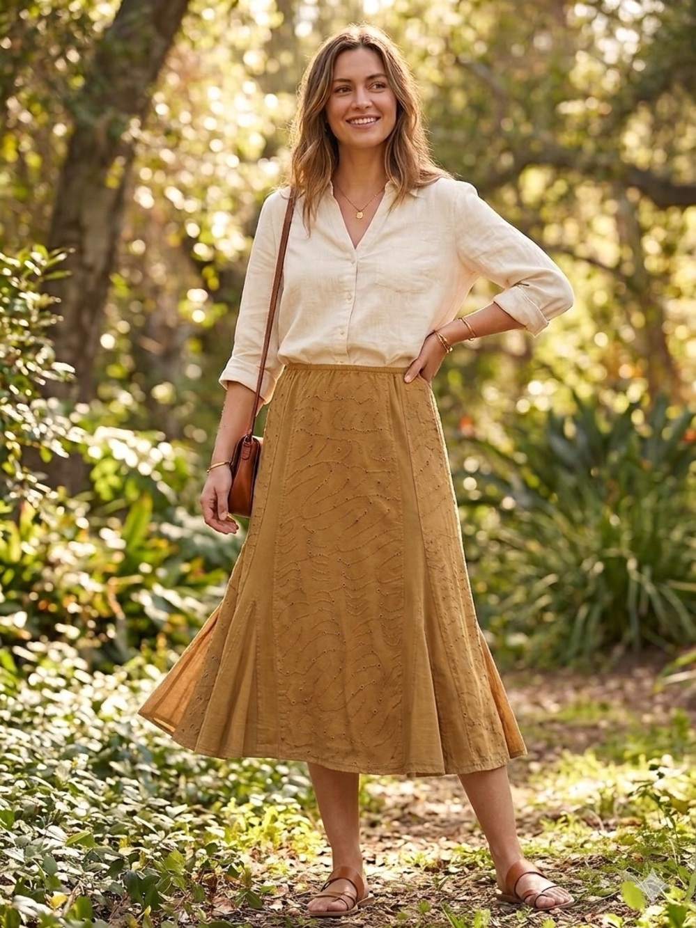 J.JILL Full Paneled A-Line Midi Skirt Eyelet Embroidered Mossy Green/Brown M